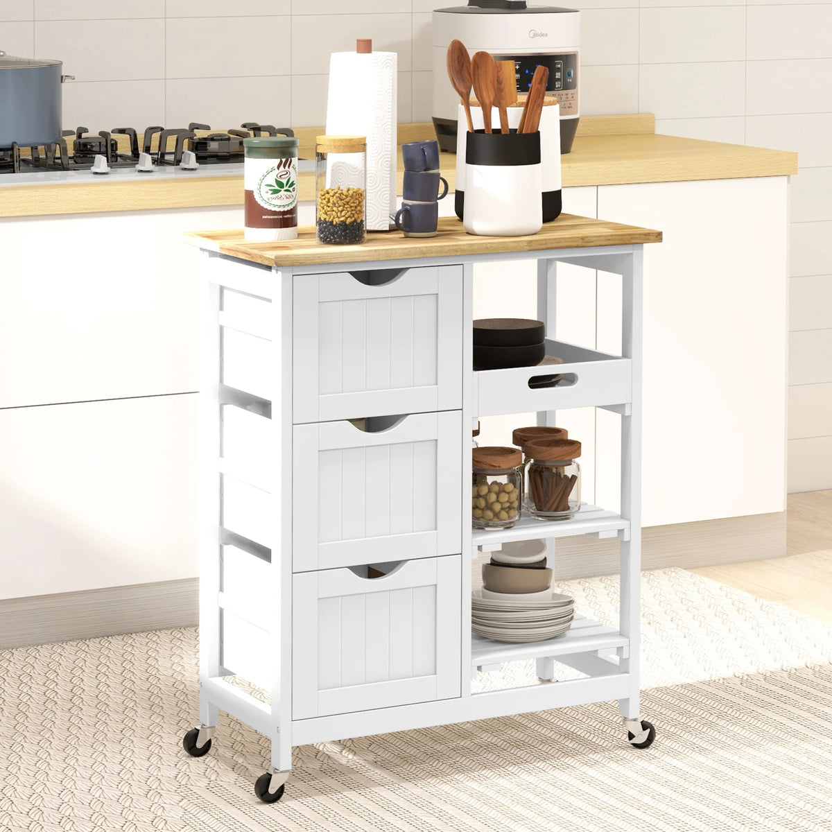 Rolling Kitchen Island Cart with 3 Drawers 2 Slatted Shelves Removable Serving Tray Wooden Top on 4 Wheels