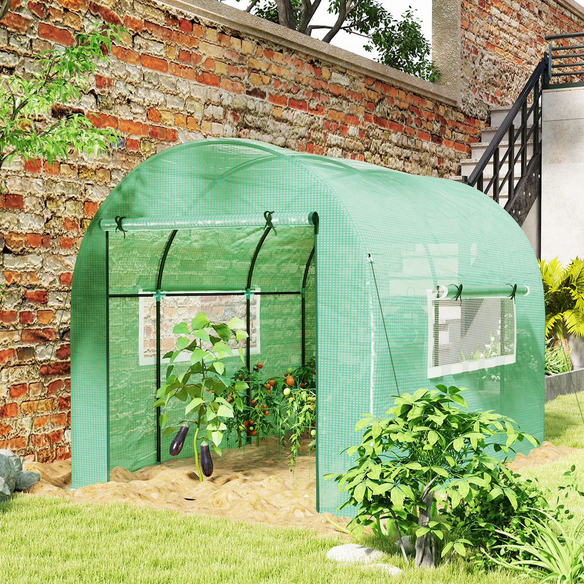Polytunnel Greenhouse 3x2x2m with UV Resistant PE Cover Roll Up Doors Mesh Windows Ground Stakes Guy Ropes
