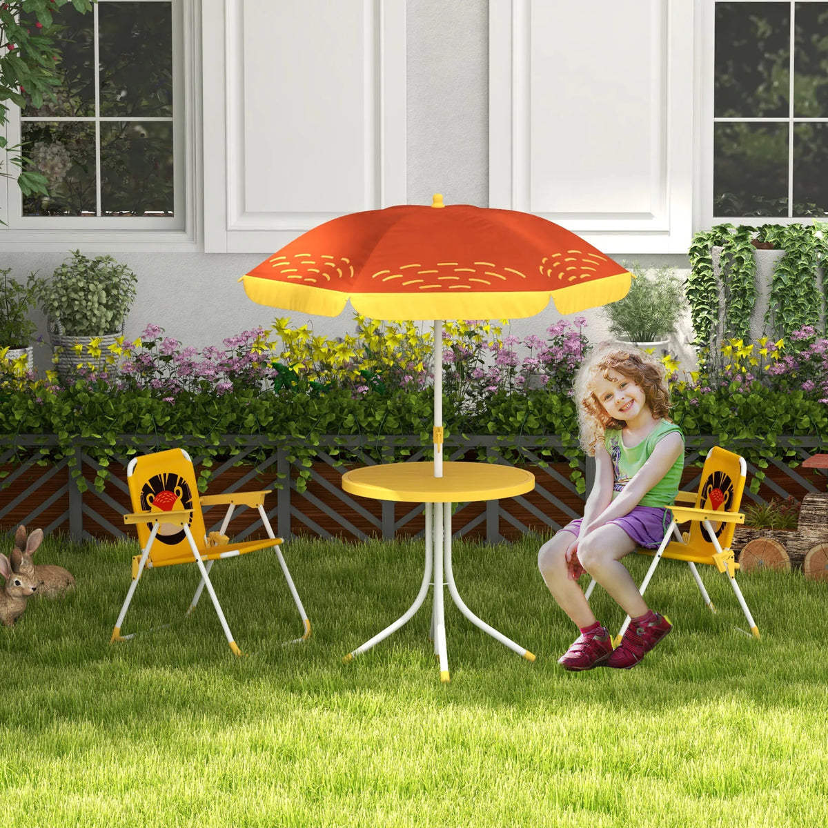 Kids Bistro Table and Chair Set Lion Theme with Adjustable Parasol 86-122cm Folding Chairs with Safety Locks