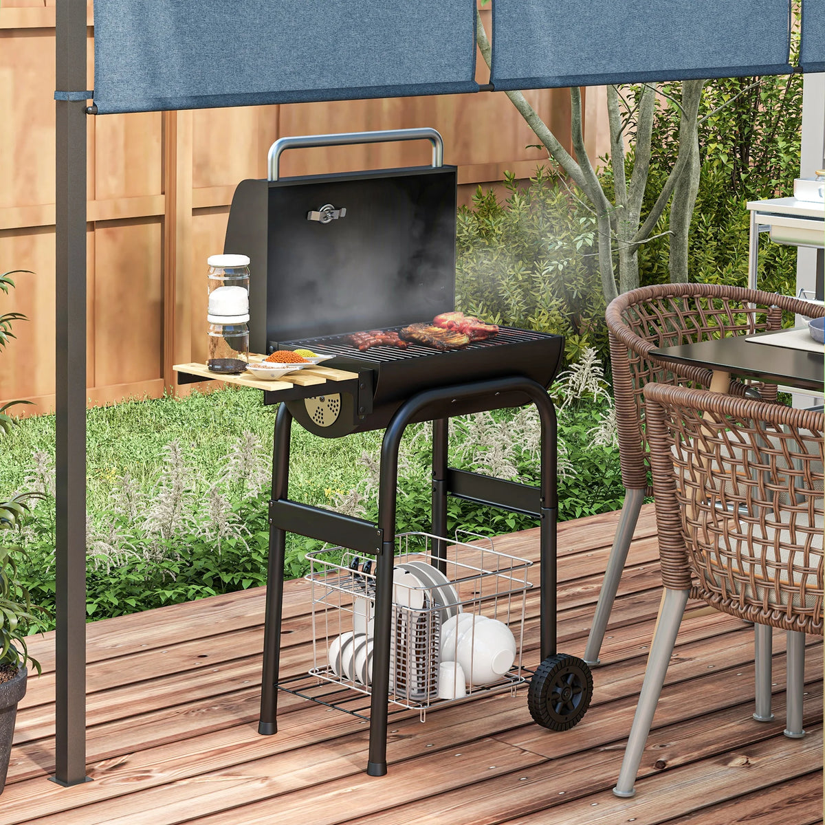 Charcoal BBQ Grill Trolley with Lid Thermometer Adjustable Vents Chimney Side and Bottom Shelves 600C Steel