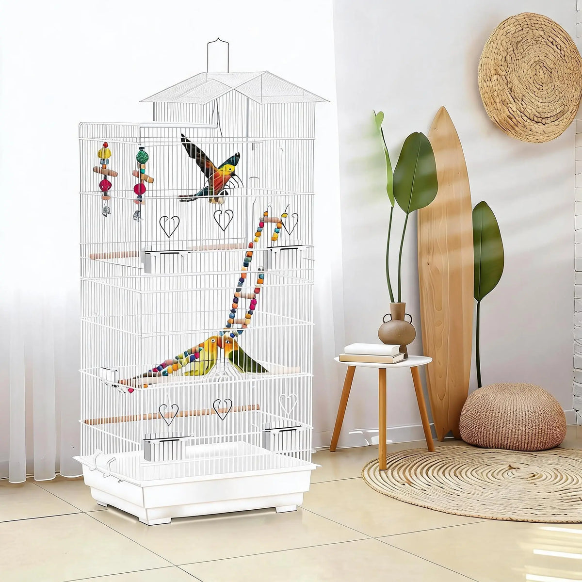 Tall Metal Bird Cage with Perches, Ladder, Toy and Pull-Out Tray, White