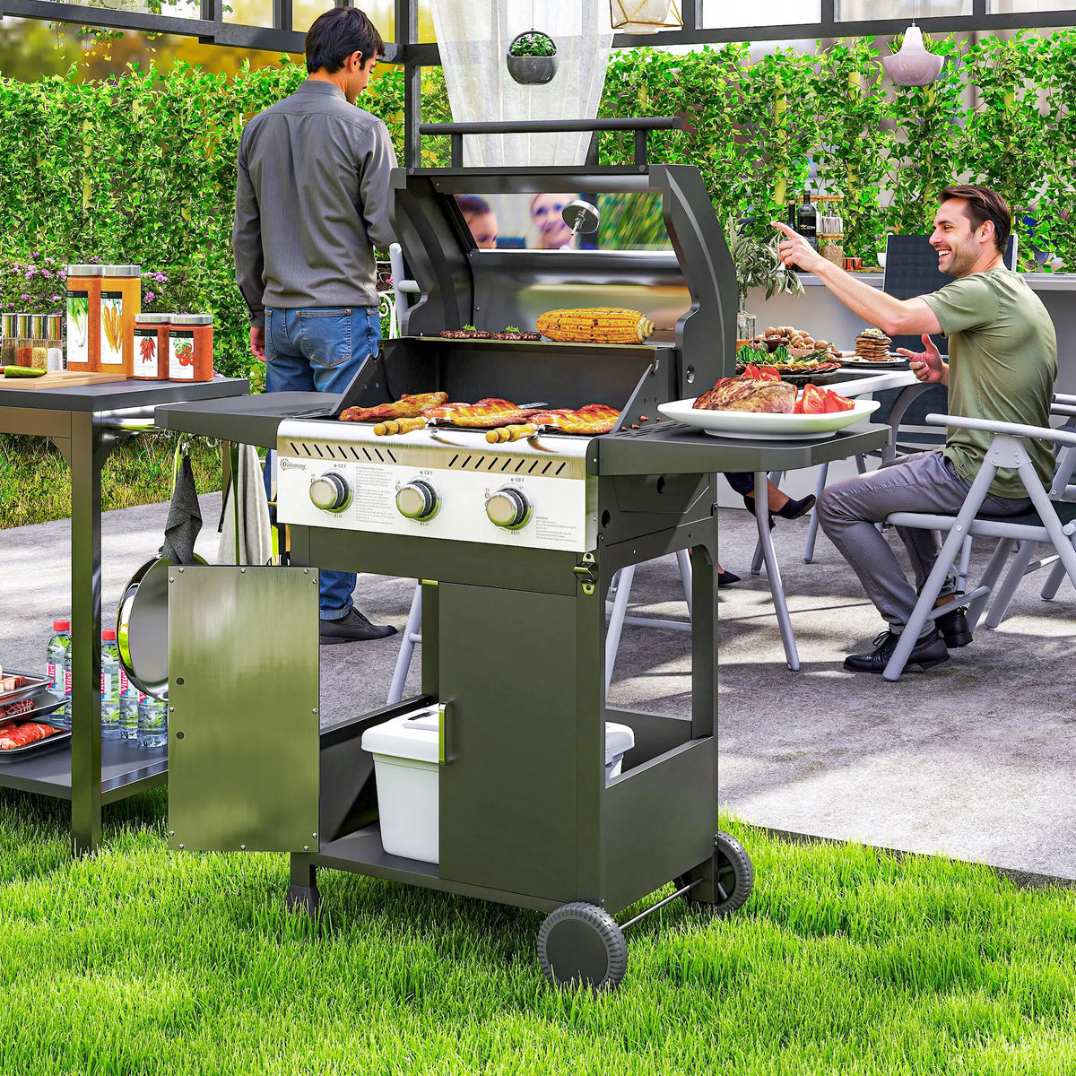 3 Burner Gas BBQ Trolley with See-Through Lid and Thermometer