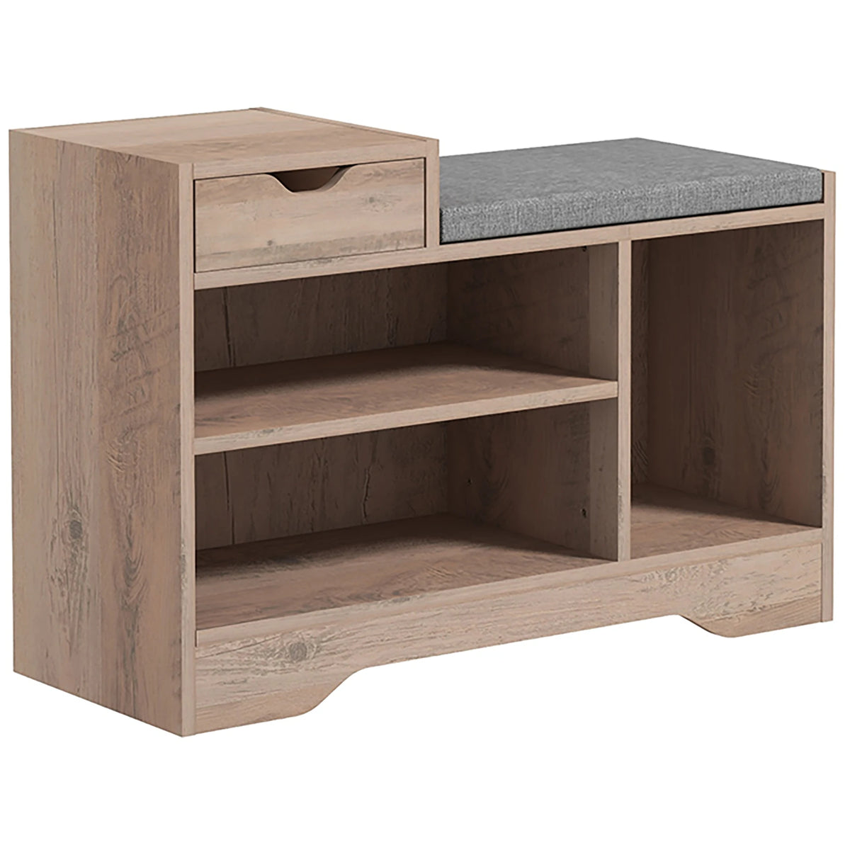 Upholstered Hallway Shoe Storage Bench with Drawer and Open Shelves