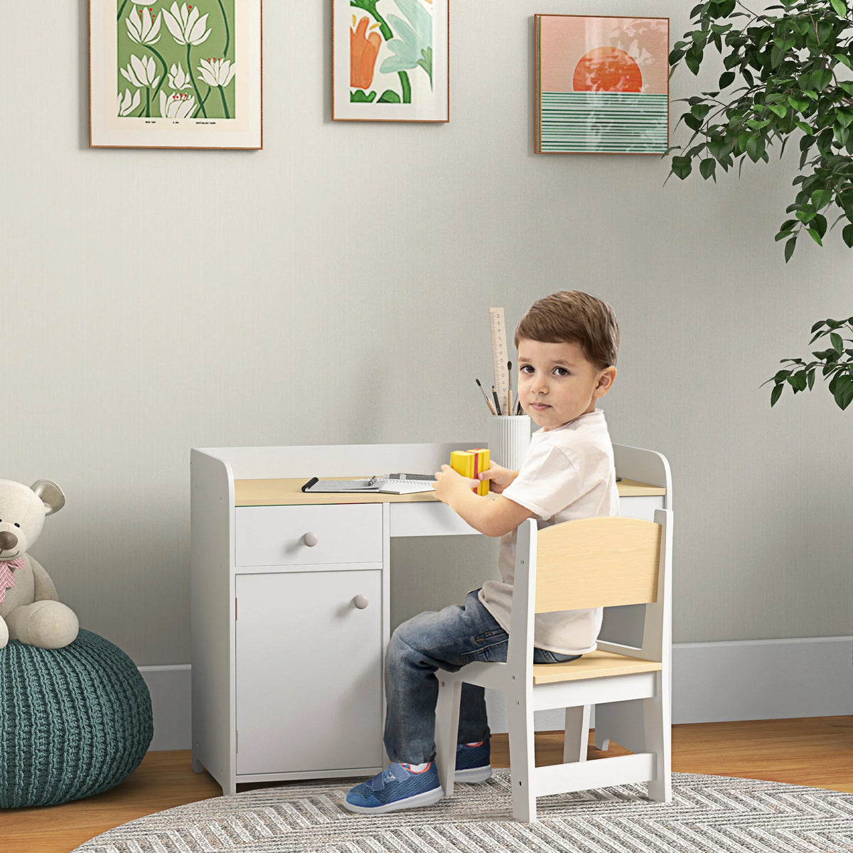 Kids Desk and Chair Set 80x39x59cm with Storage Drawer and Compartment MDF Rounded Edges Ages 3-6 White