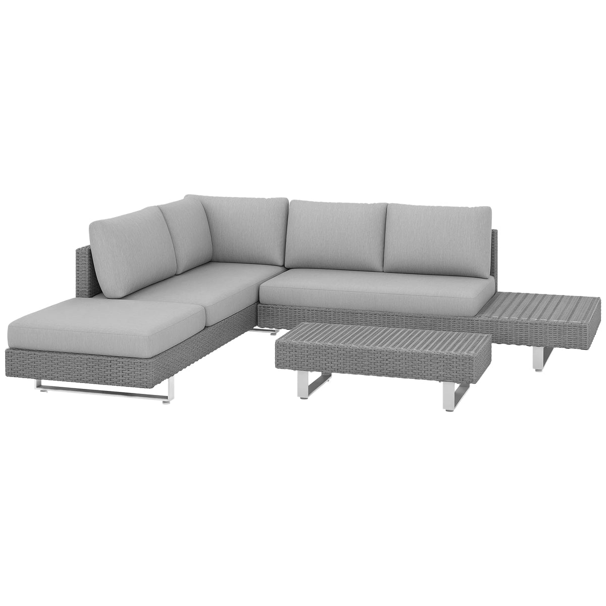 3 Piece Rattan Garden Furniture Set, Wicker Sofa Set with 3-Seater Sofa, Loveseat & Coffee Table, Grey