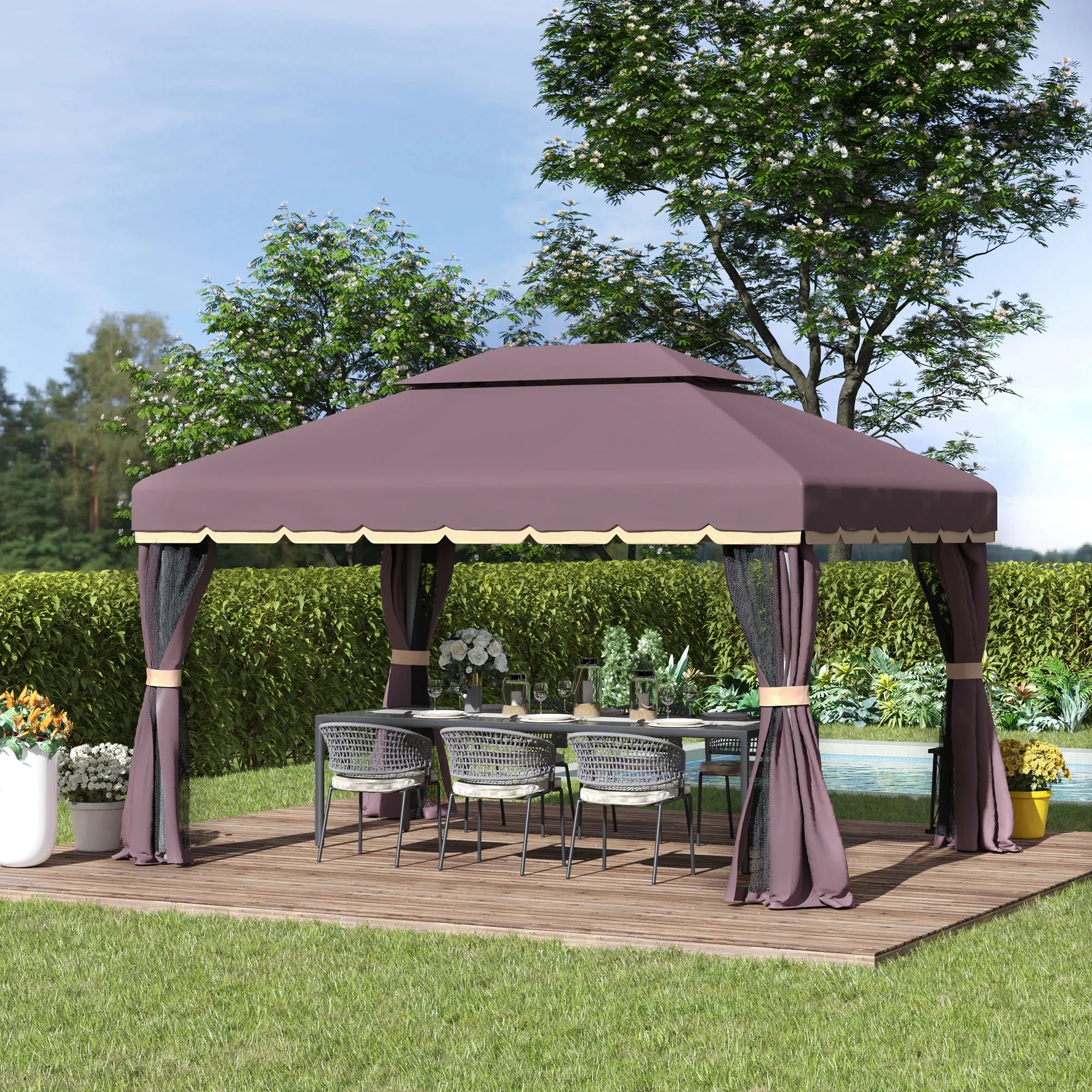 3 x 4m Aluminium Garden Gazebo with Removable Curtains, Mesh Netting, PA-Coated Canopy and Ground Stakes