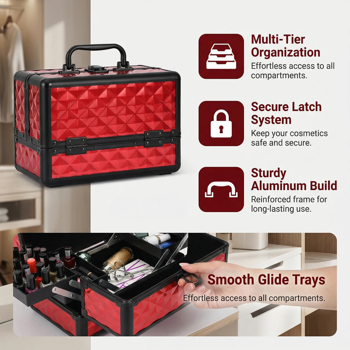 Two Layer Aluminium Alloy Makeup Case with 4 Adjustable Trays 2 Removable Dividers Water Cube Design Portable