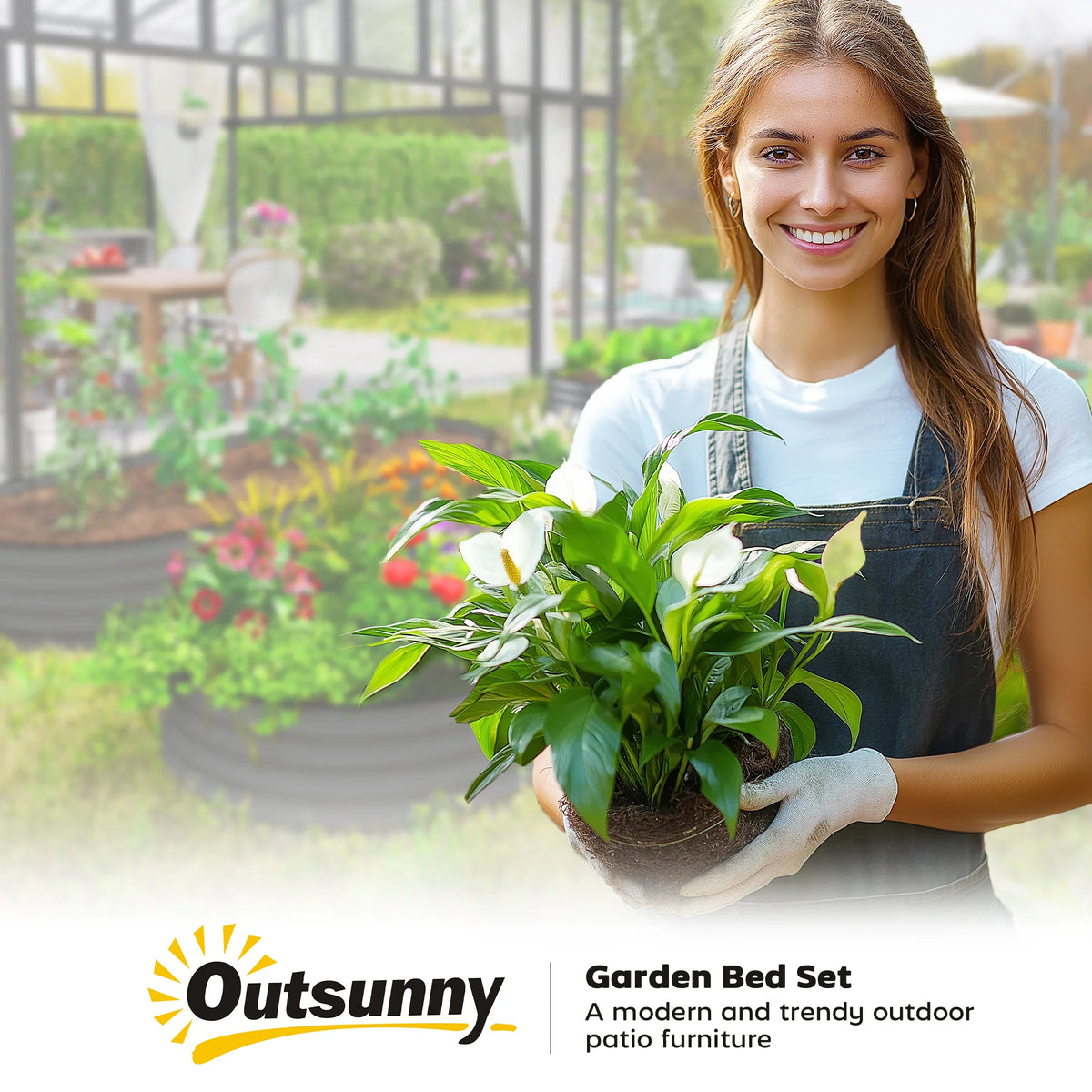 Set of 2 Raised Garden Beds with Metal Plant Stakes, Dark Grey