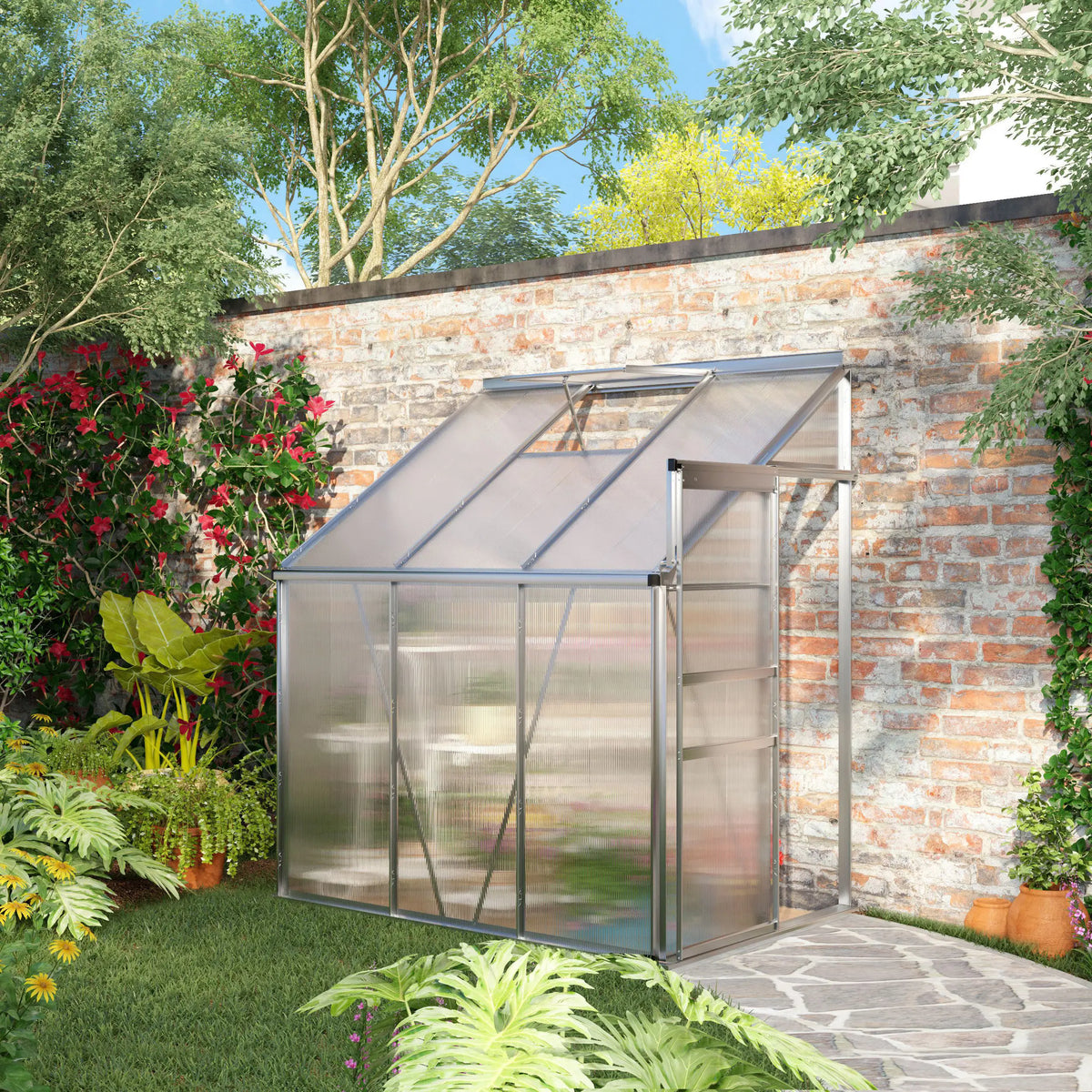 6 X 4ft Lean to Polycarbonate Greenhouse for Garden W/ Adjustable Roof Vent