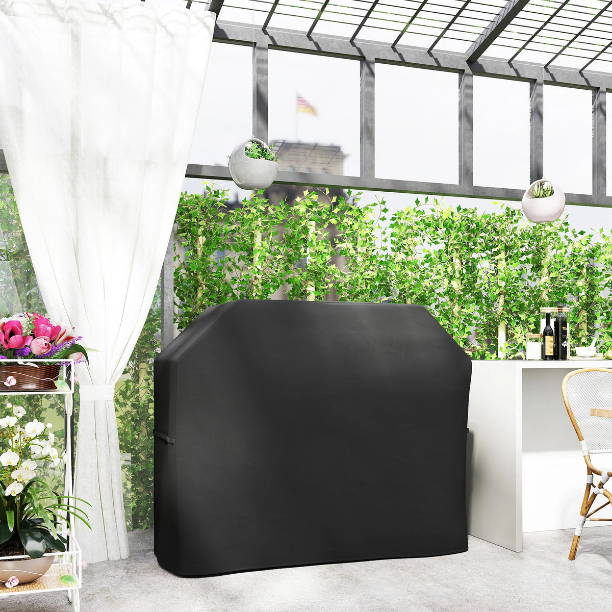 BBQ Cover for Rectangular Gas Grills 147x61x120cm 420D Oxford PU Coated with Drawstring and Hook Loop Black