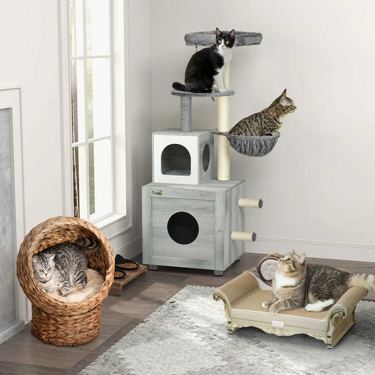 Wicker Cat House with Raised Base and Washable Cushion, 40 x 37 x 51cm, Brown