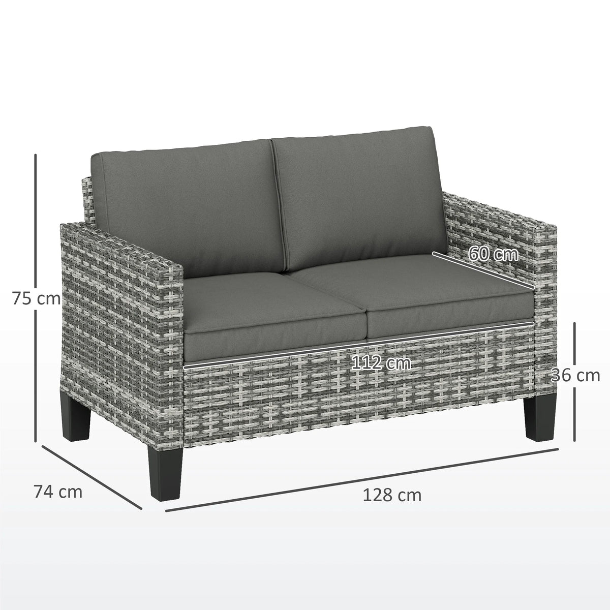 2 Seater Rattan Garden Sofa with Cushions, Wicker Loveseat with Armrests