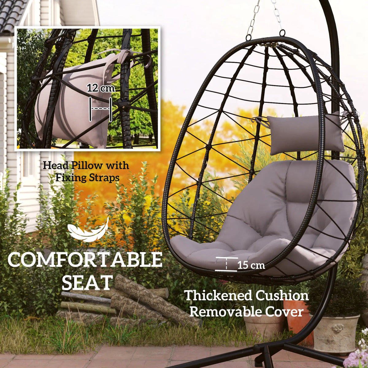 Folding Garden Egg Chair with Stand and Thick Cushion, Grey