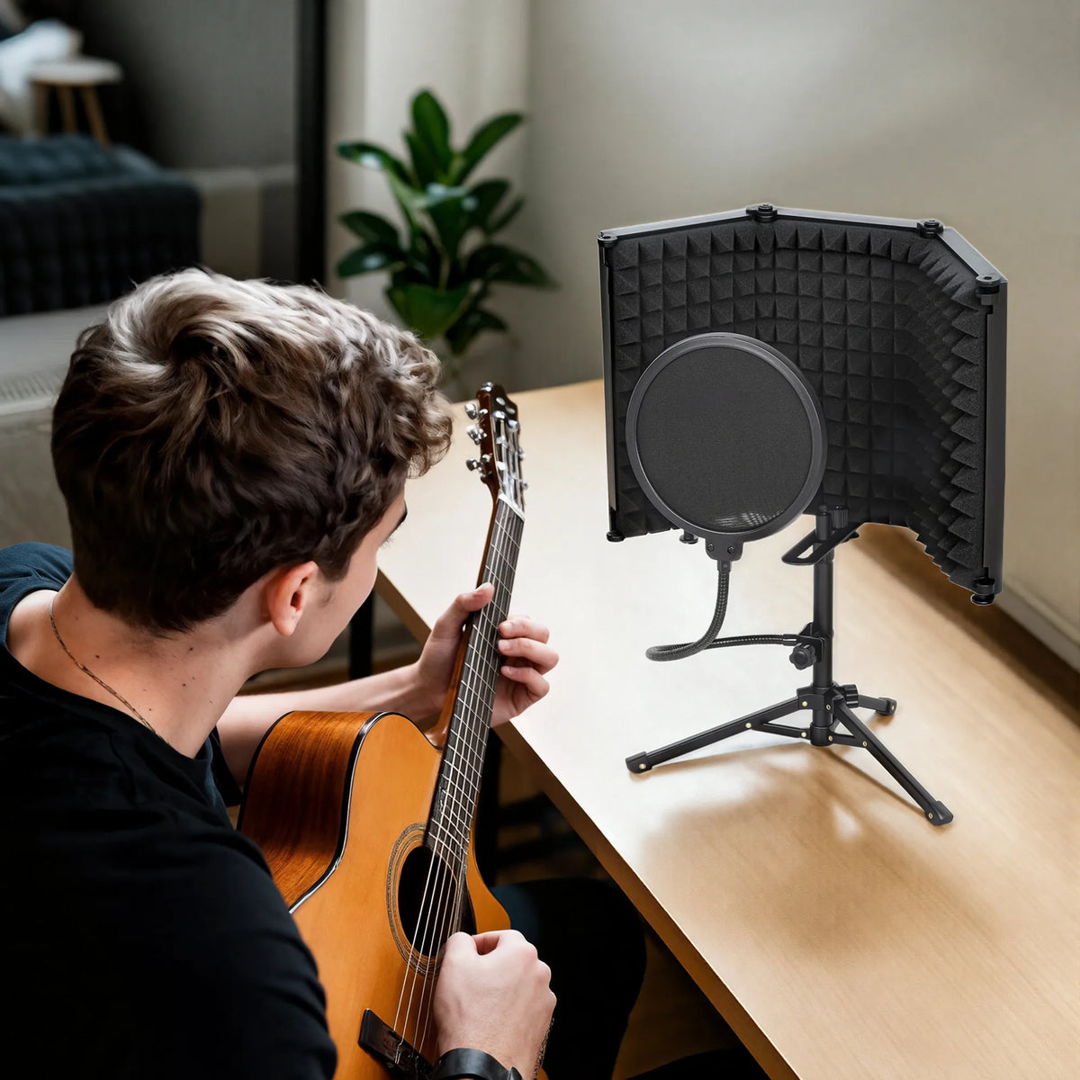 Studio Microphone Isolation Shield with Pop Filter & Stand, Black