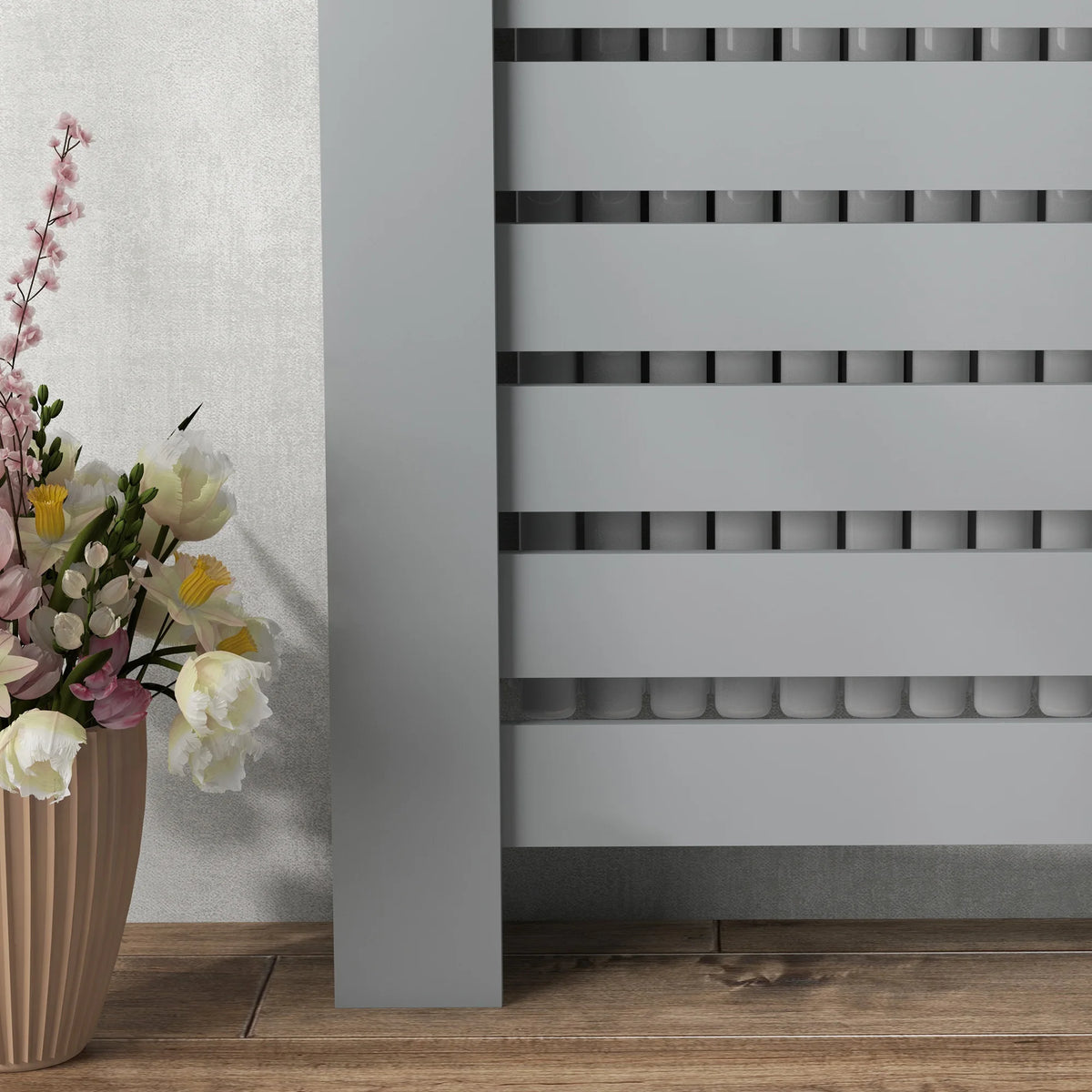 Slatted Radiator Cover with Drawer, 111cm, Grey