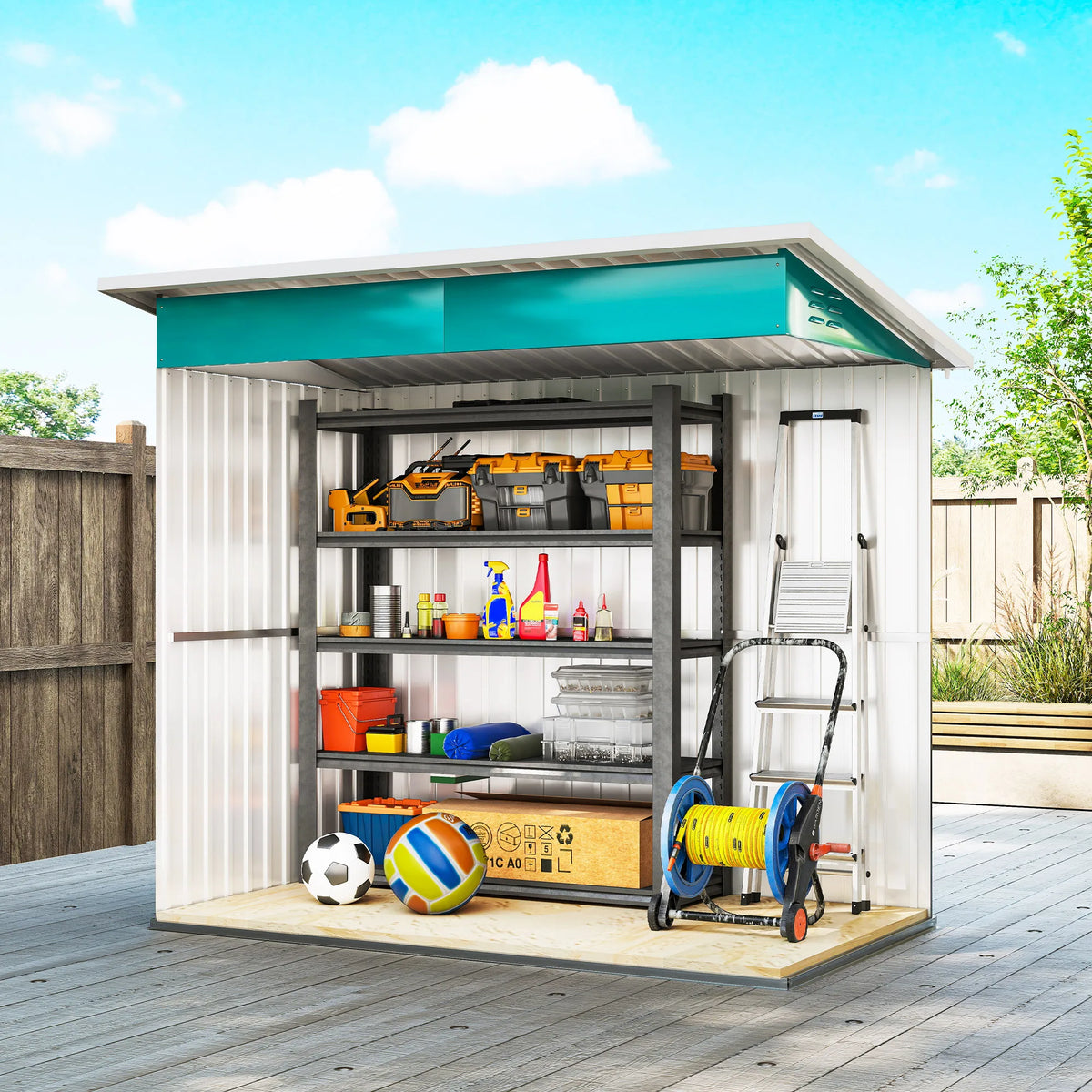 7 x 4ft Galvanised Steel Garden Shed with Window, Lockable Door and Foundation Kit, Green