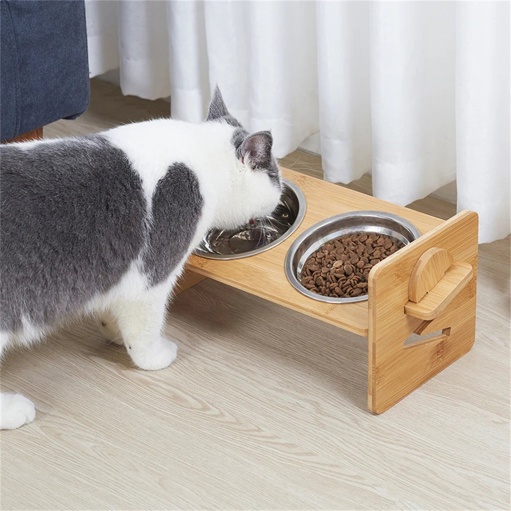 Elevated Dog Bowls with Bamboo Stand 4 Height Adjustable 2 x 380ml Stainless Steel Bowls 31x17x16cm