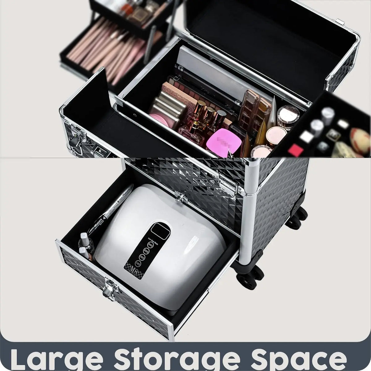 Rolling Makeup Case with Slide Out Drawer and 4 Trays 36-55L PVC Cosmetic Trolley for Salon and Travel