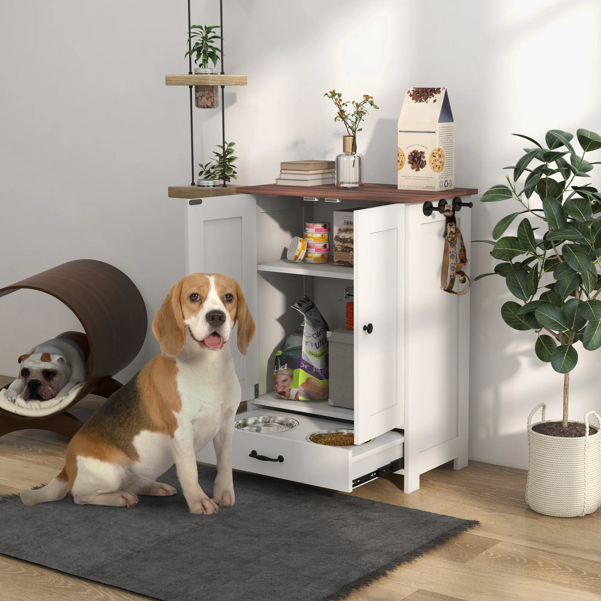Dog Feeding Station with Storage Cabinet and 2 Hidden Bowls 80x60x35cm with Side Hooks White