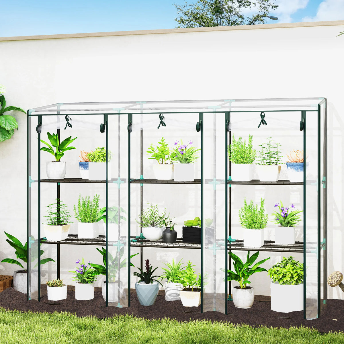3-Tier Lean-to Mini Greenhouse with Clear Cover and 3 Roll-Up Doors