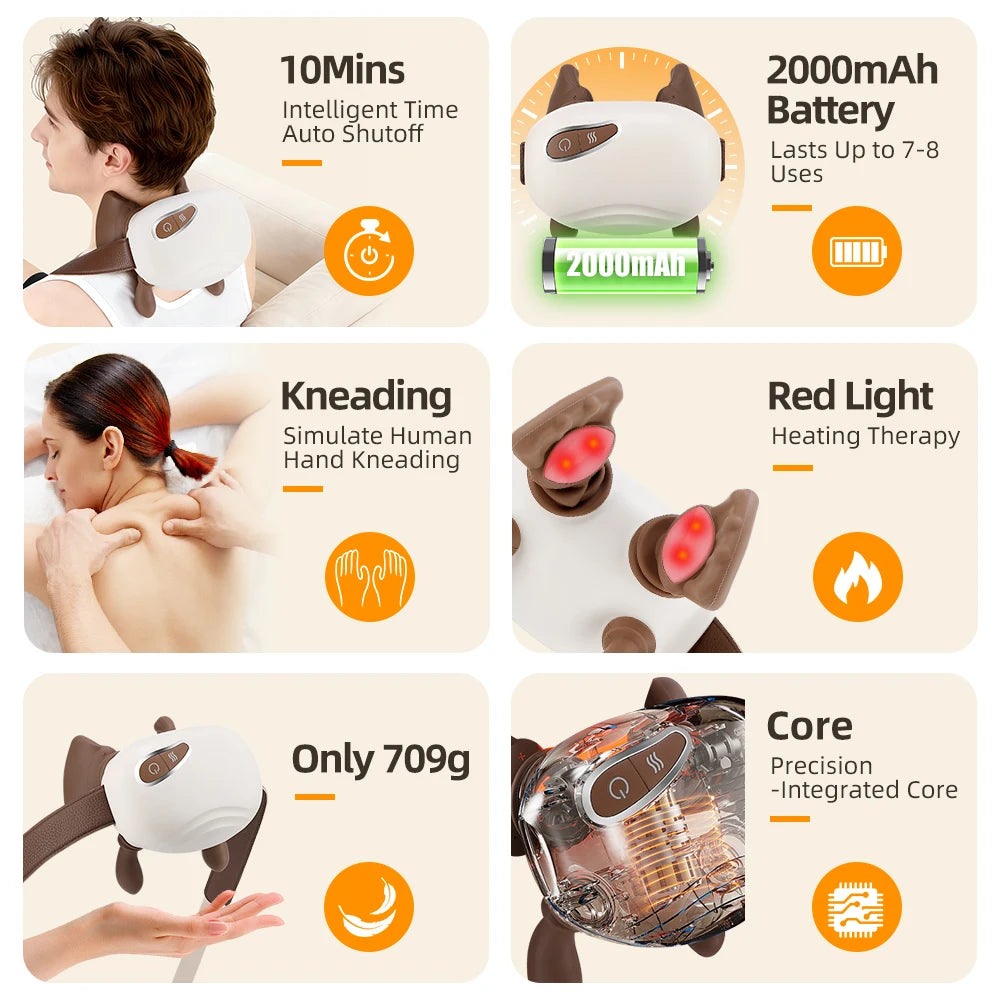 Neck and Shoulder Massager Shiatsu Kneading with Heat 3 Speed Rechargeable Back and Spine Relaxer
