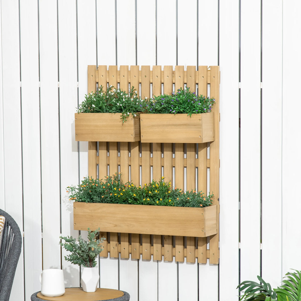 Wall-Mounted Garden Planters with Trellis and 3 Movable Planter Boxes, Natural