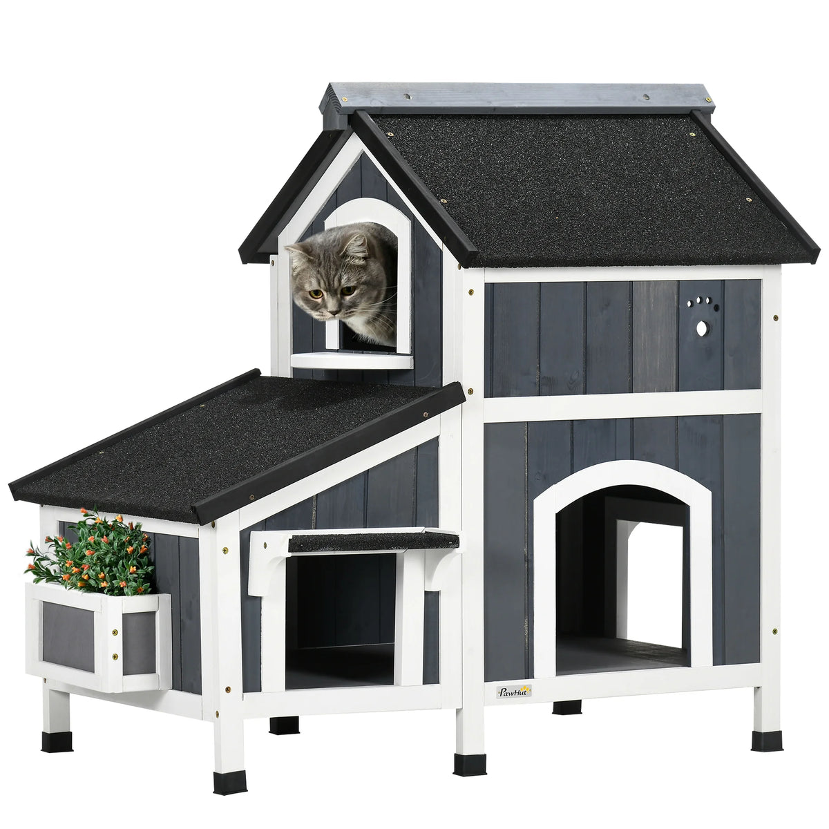 Outdoor Wooden Cat House with Flower Box, Windows and Multiple Entrances