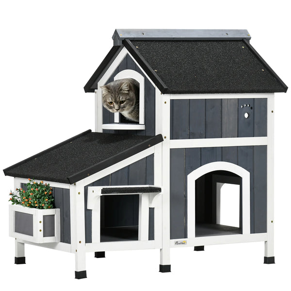 Outdoor Wooden Cat House with Flower Box, Windows and Multiple Entrances