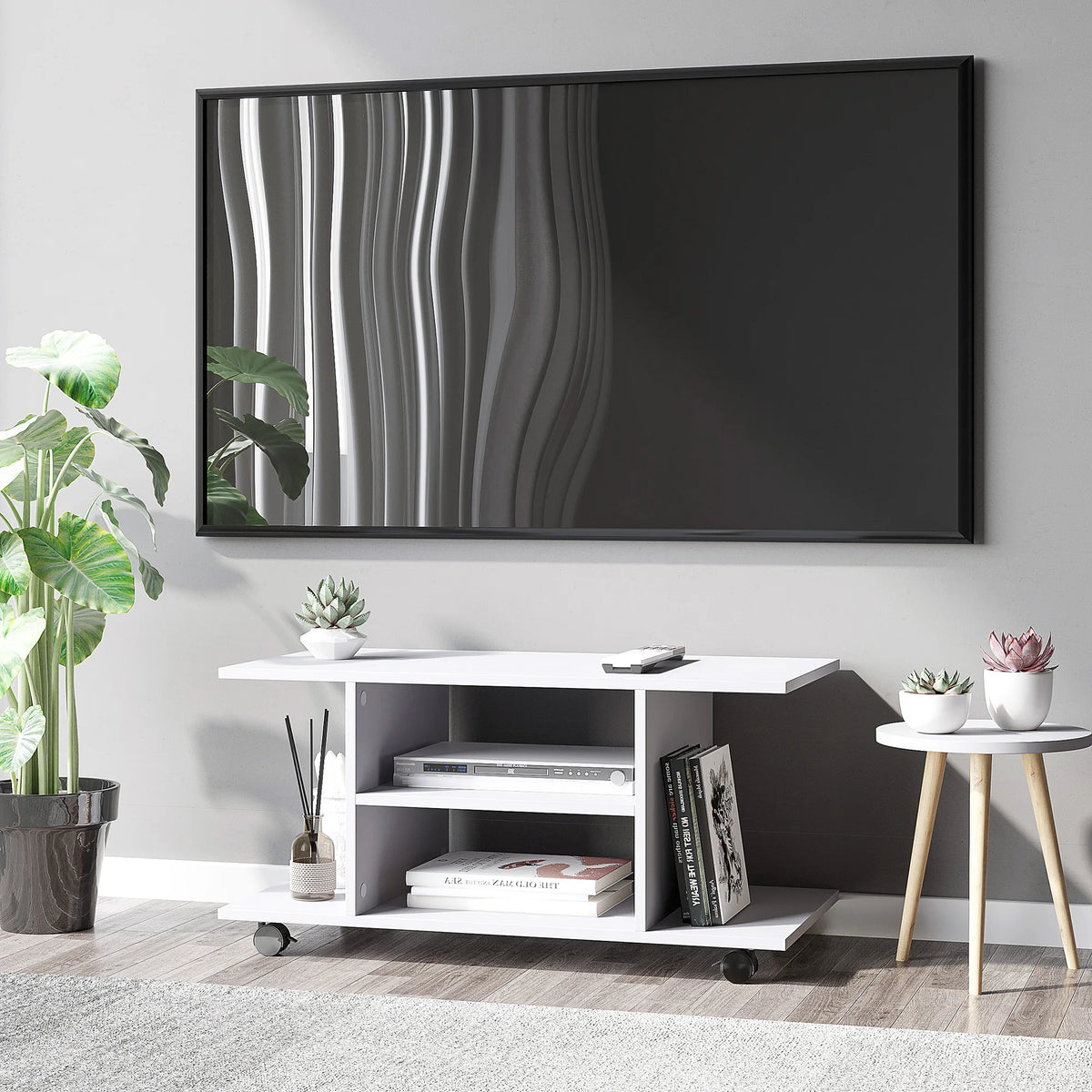 Modern 3-Tier TV Stand with Wheels and Open Shelves, White