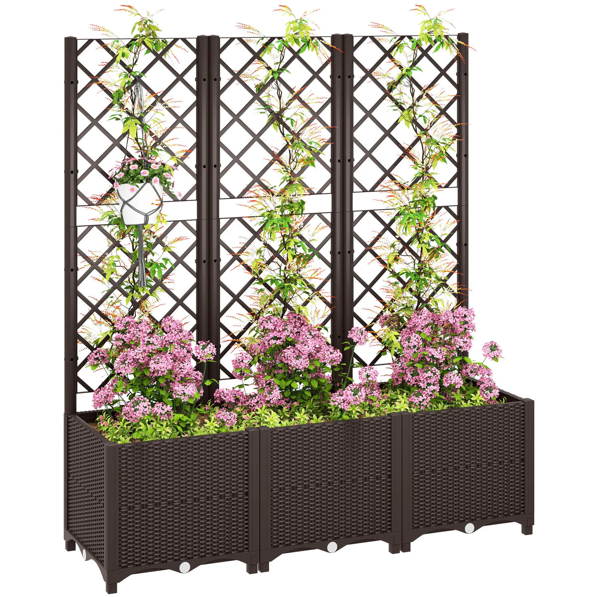 Trellis panel above a raised plastic flower bed