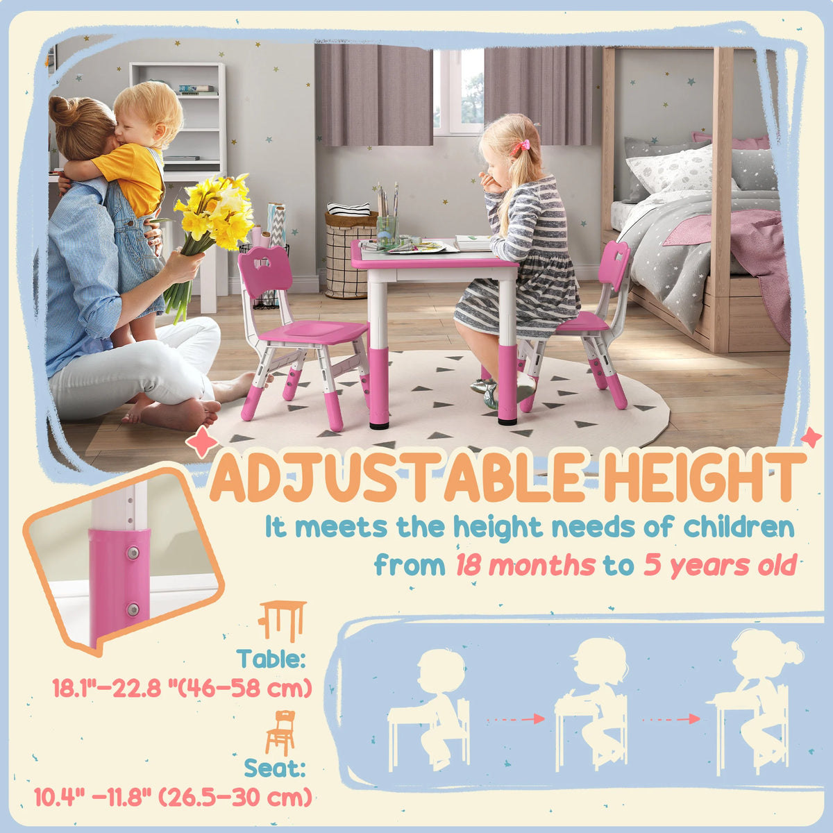 Kids Table and Chair Set, Height Adjustable, Easy to Wipe, Pink