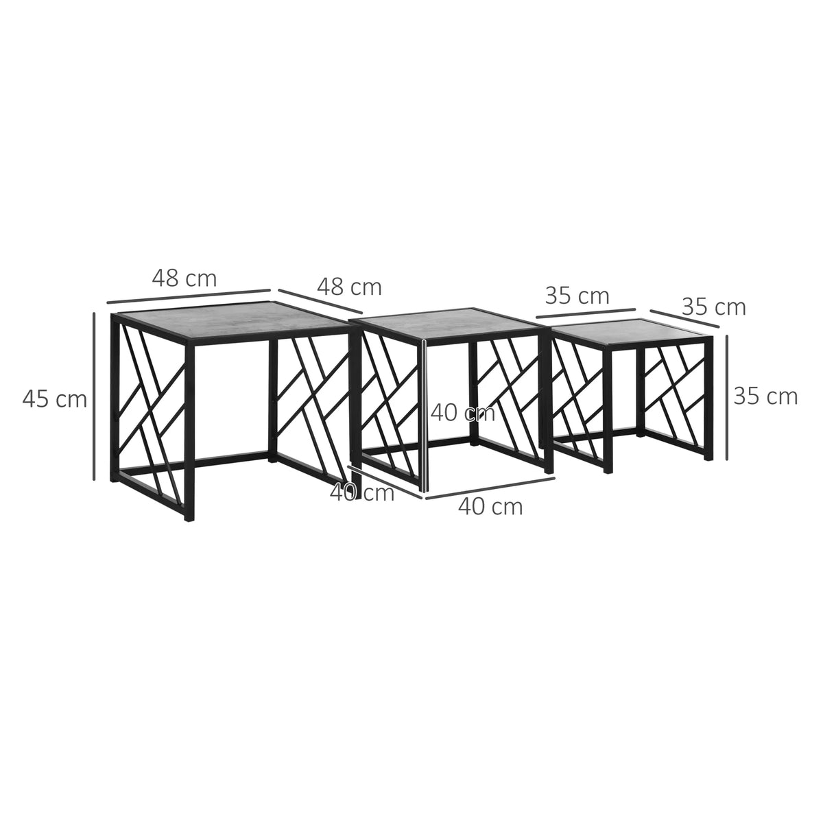 Set of 3 Nesting Coffee Tables with Metal Frames, Square Side Tables, Grey