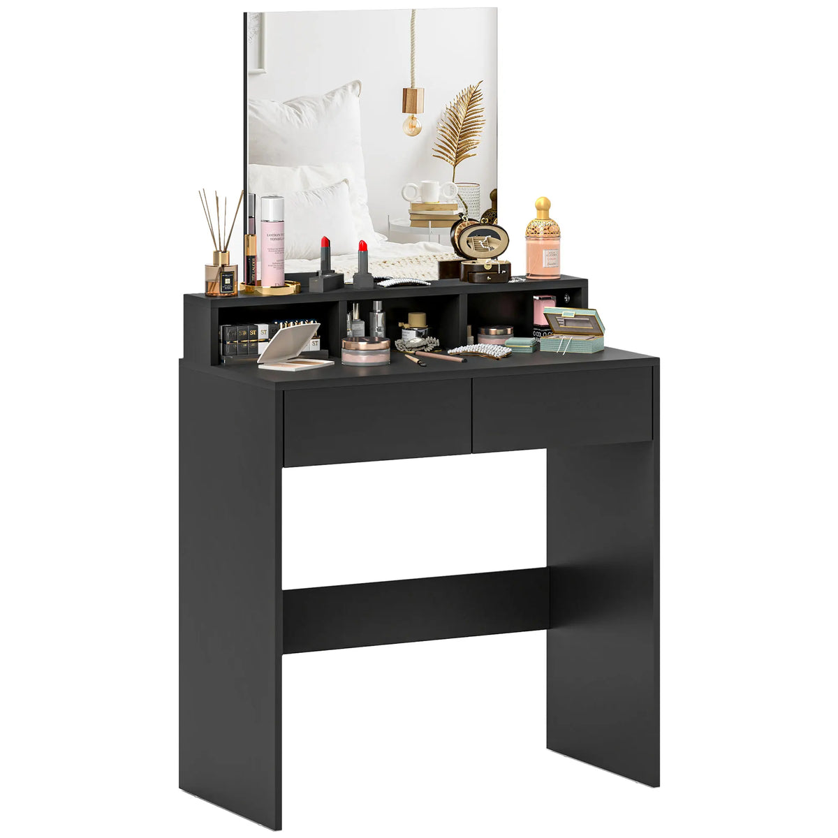 Compact Dressing Table with 49x50cm Copper Free Mirror 3 Shelves 2 Drawers and Anti Tipping Straps Black