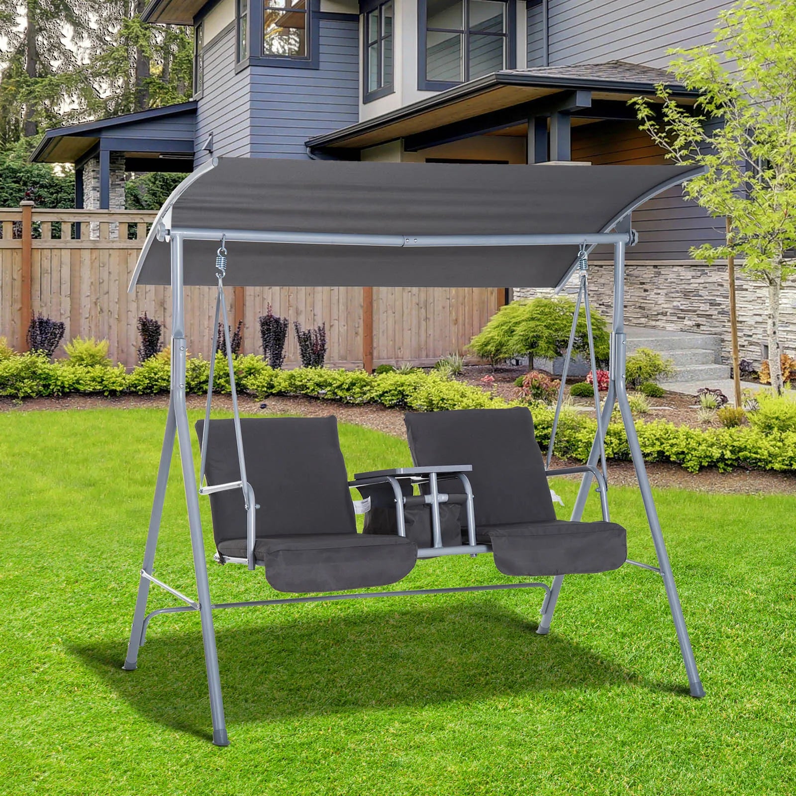 2-Seater Garden Swing Chair with Tilting Canopy, Padded Seats, Middle Tray and Storage Bag