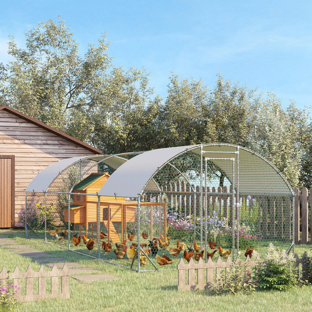 Walk In Chicken Run 7.6x2.8x2m Galvanised Steel Coop with Canopy Hexagonal Mesh and Lockable Door