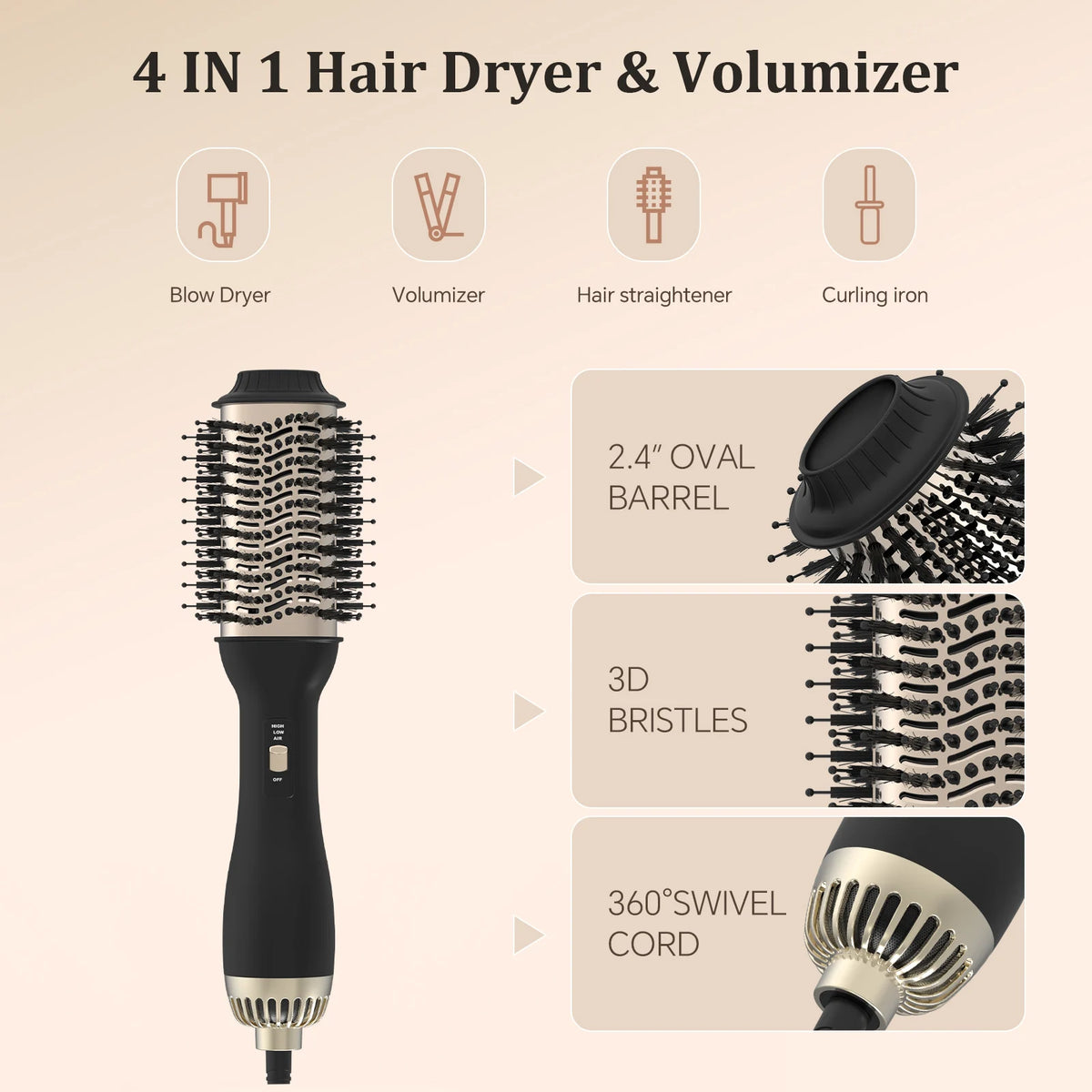 Hair Dryer Brush with 60mm Oval Barrel, One-Step Hot Air Styler and Volumiser, UK Plug