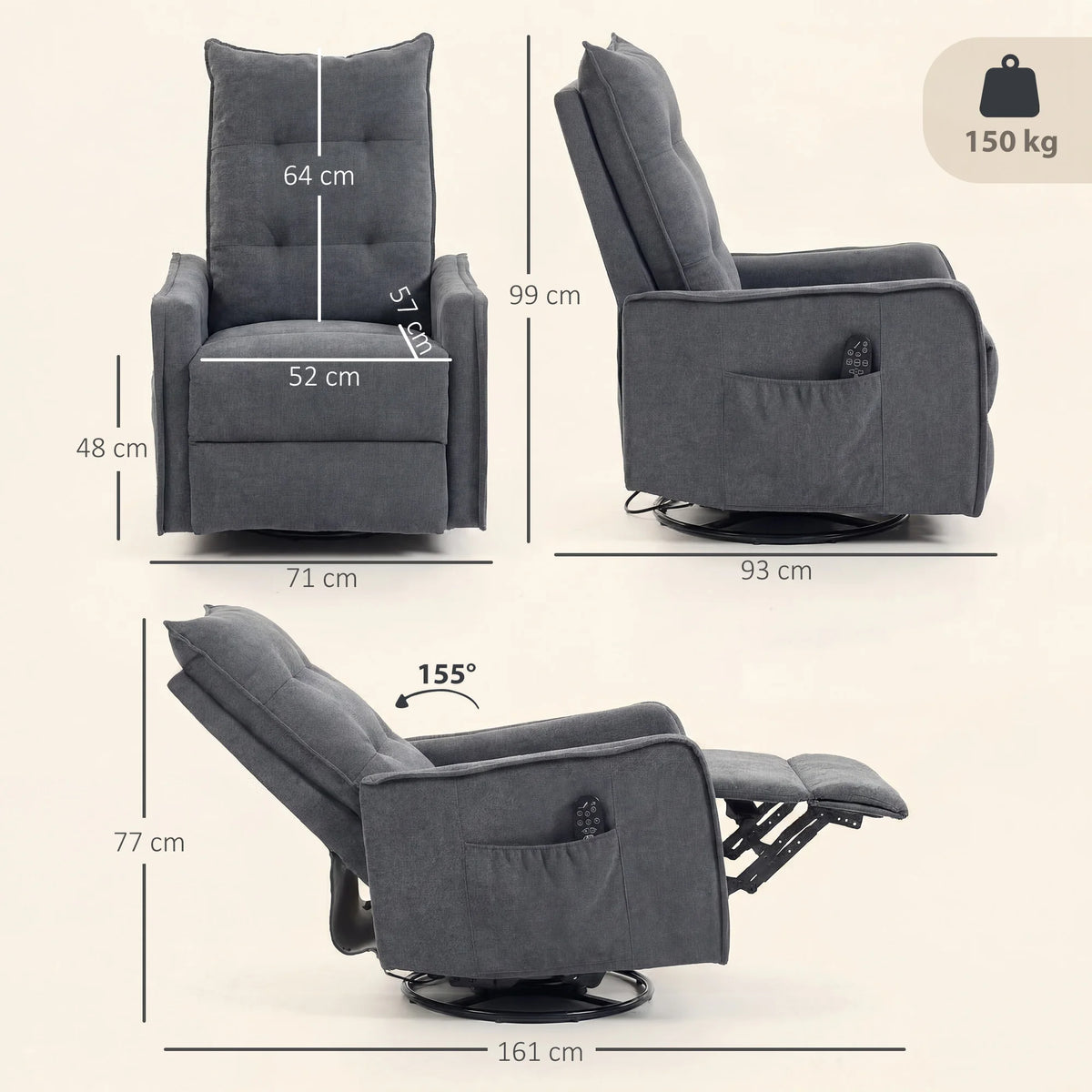 Massage Recliner Armchair with 8 Vibration Points Lumbar Heat 360° Swivel and 155° Recline Chenille Dark Grey