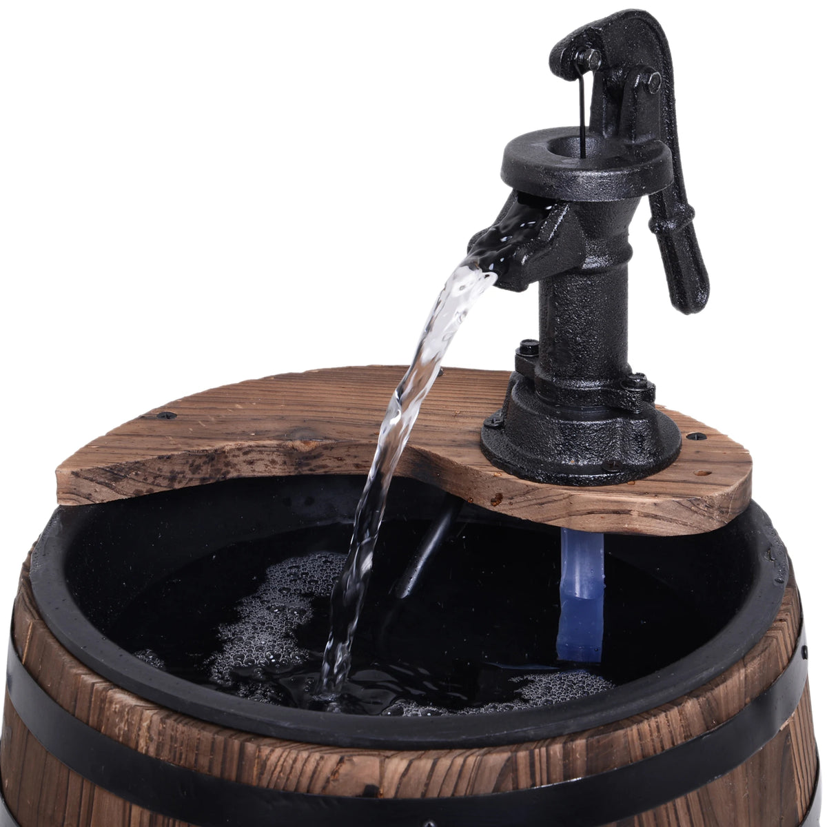 Wood Barrel Garden Fountain Water Feature with Submersible Pump Adjustable Flow Solid Fir Wood Retro
