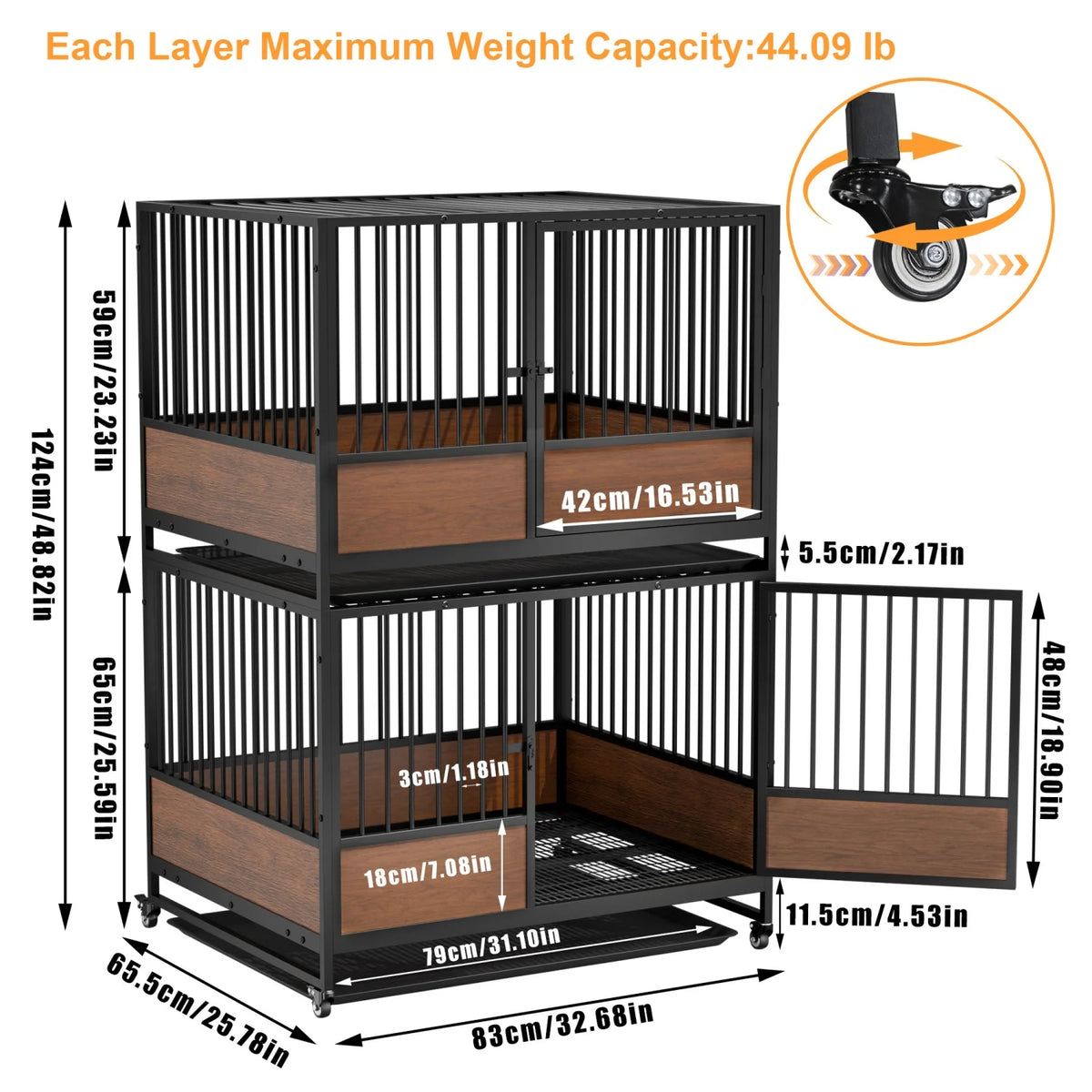 BINGOPAW Heavy Duty Dog Cat Crate Cage Kennel Stackable 2 in 1 Removable Tray Rolling Wheels