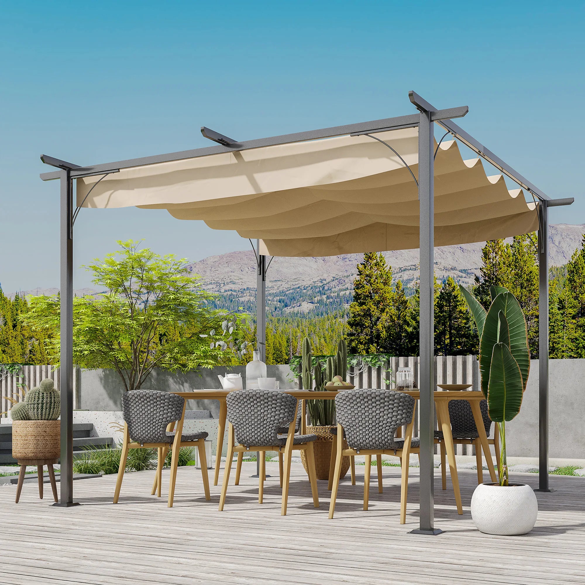 3 x 3m Metal Pergola with Retractable Anti-UV Canopy, Drainage Holes and Ground Stakes