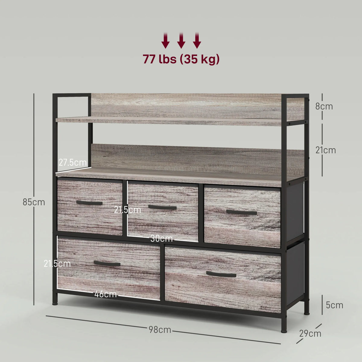 Bedroom Chest of Drawers, 5 Drawer Dresser w/ Shelves, Grey Wood Effect