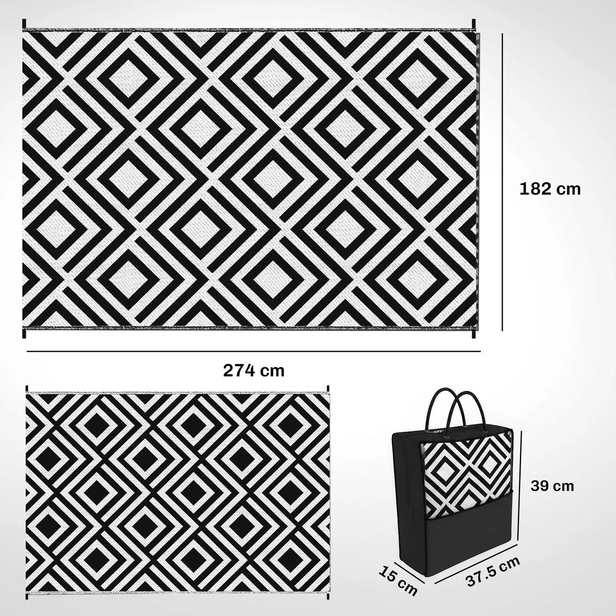 Reversible Outdoor Rug with Carry Bag, 182 x 274cm, Black and White
