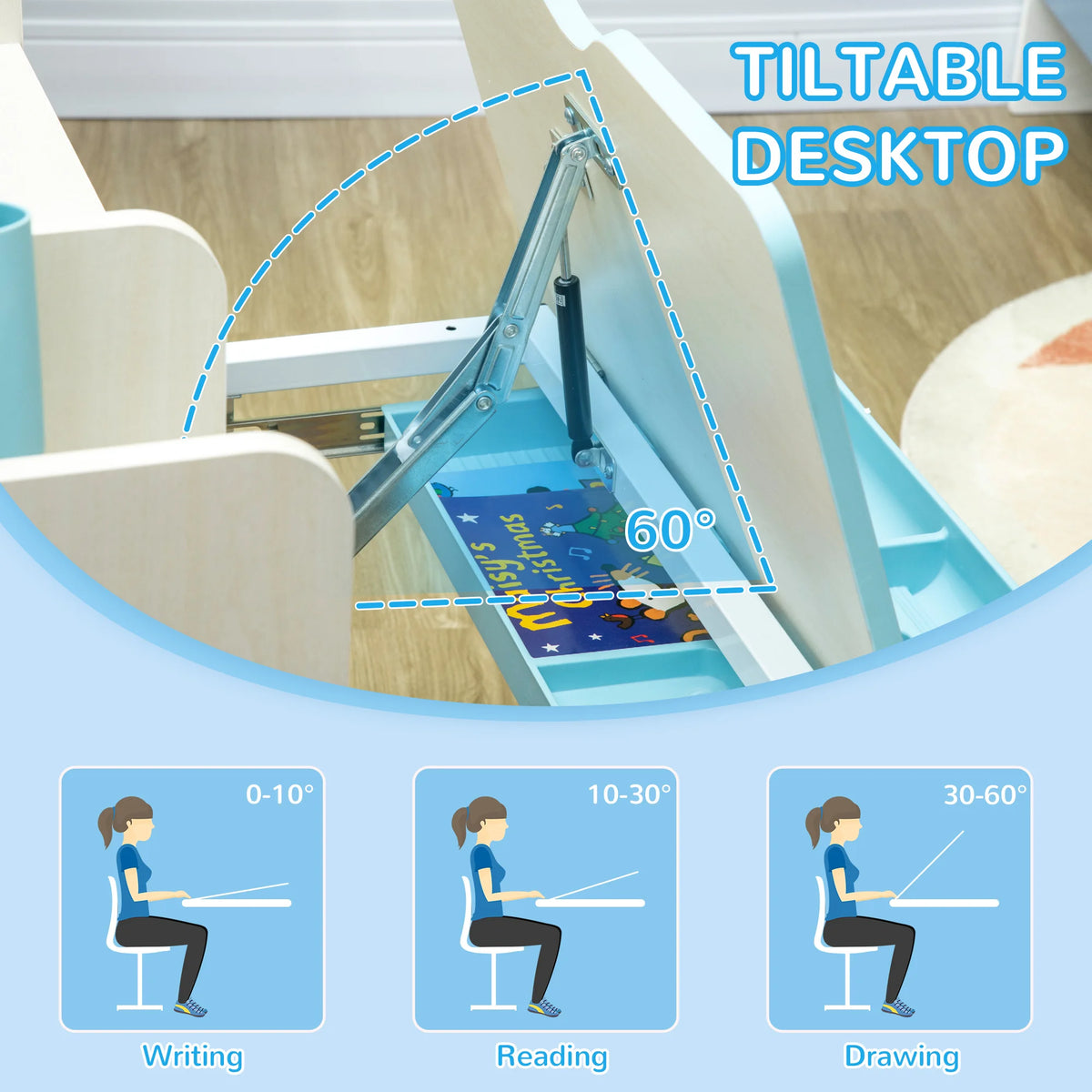 Kids Study Desk and Chair Set Height Adjustable with 60 Degree Tilting Top Drawer Shelf and Pen Holder