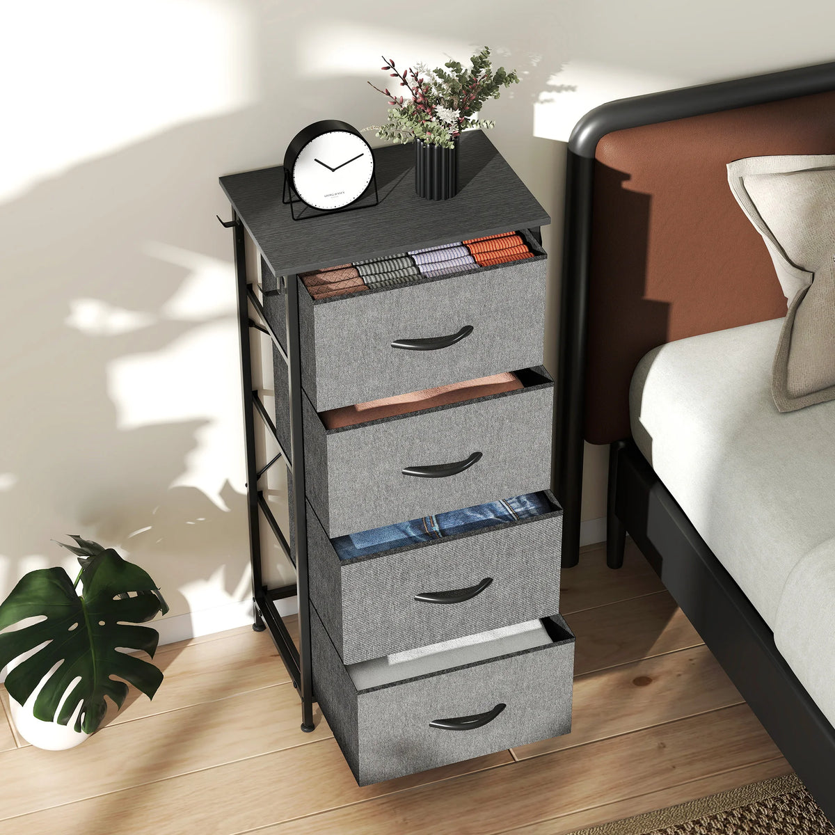 Fabric Chest of 4 Drawers with 4 Side Pockets 2 Hooks Steel X Bar Frame Adjustable Feet Charcoal Grey