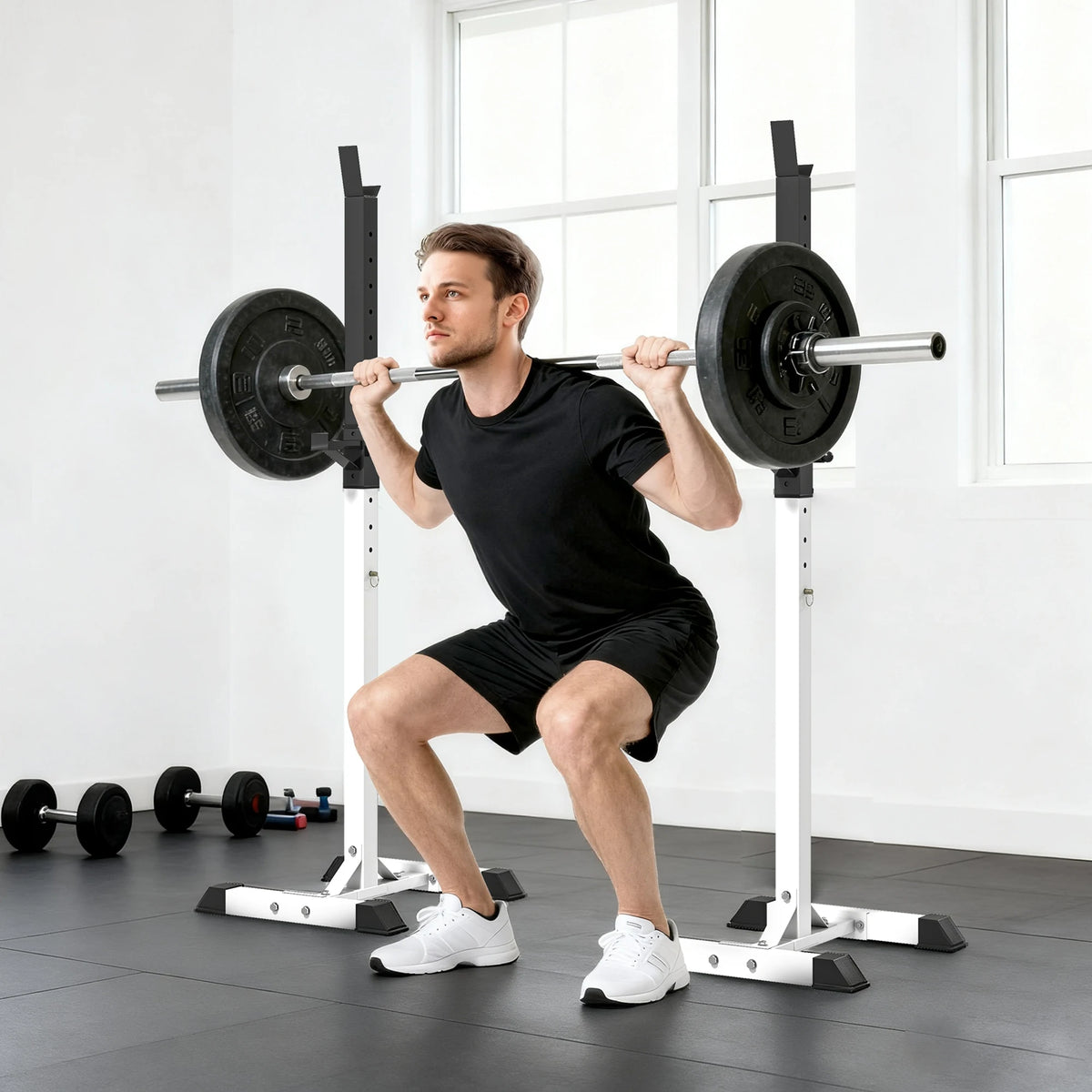 Adjustable Barbell Squat Stands, Pair, 105–160cm, 150kg Max Load, Black