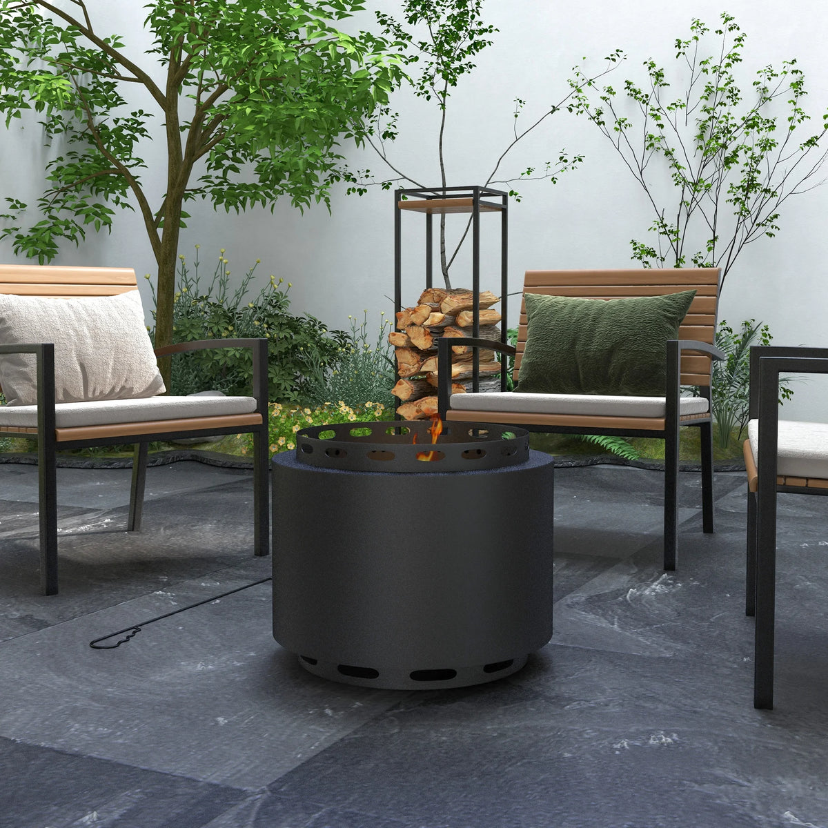 Smokeless Fire Pit with Poker, 48.5 cm Wood Burning Firepit for Garden and Camping, Black