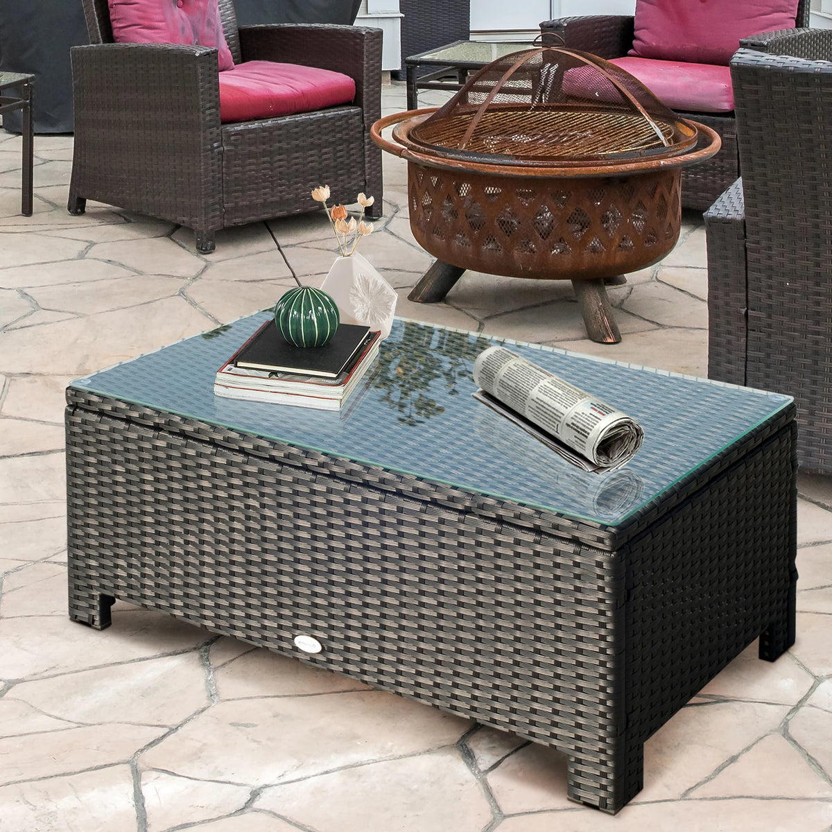 PE Rattan Garden Coffee Table with Tempered Glass Top, 85 x 50 x 39 cm, Black