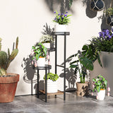 4 Tier Metal Corner Plant Stand 25x25x80cm 3 Tray Shelves Fir Wood Base Indoor Outdoor Black Carbonised