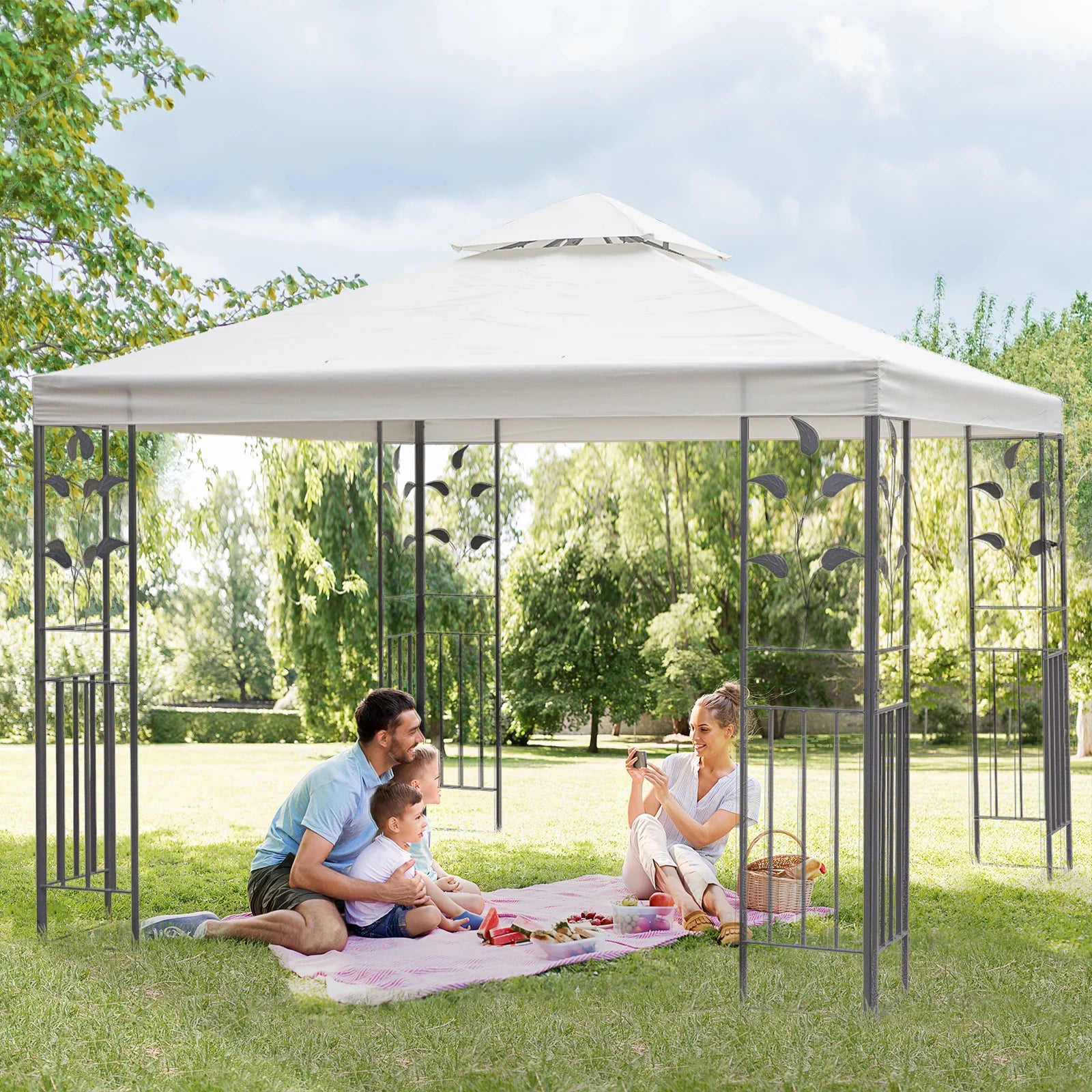 3 x 3m Garden Gazebo Pavilion with Decorative Cut-Out Frame, 2-Tier Roof and UV-Resistant Canopy