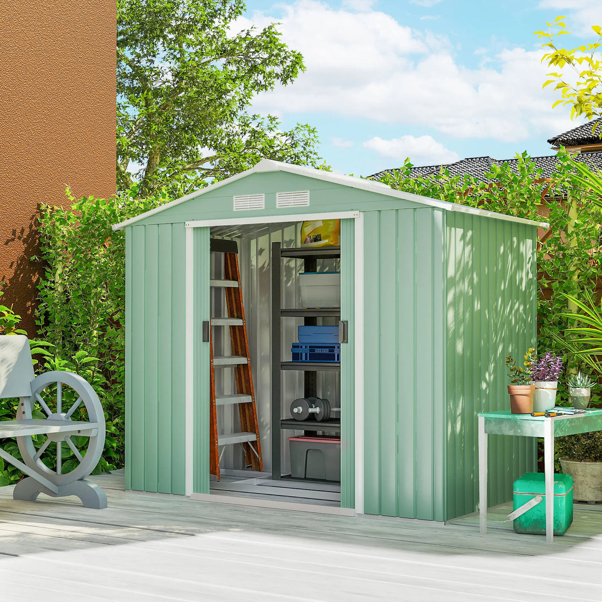 7 x 4ft Metal Garden Shed with Lockable Sliding Doors and Foundation Kit, Light Green